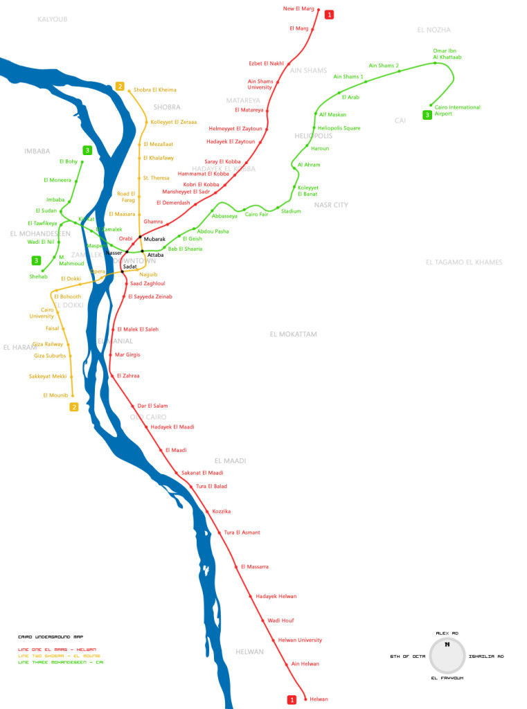 Harta metroului din capitala Egiptului, Cairo, din punct de vedere topografic Real