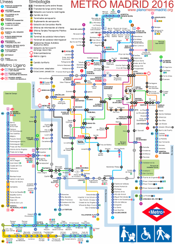 Mappa della metropolitana di Madrid 2016, schematico, per i viaggiatori, portatori di handicap, disabili, valigie, sedie a rotelle, passeggini, carrozzine.