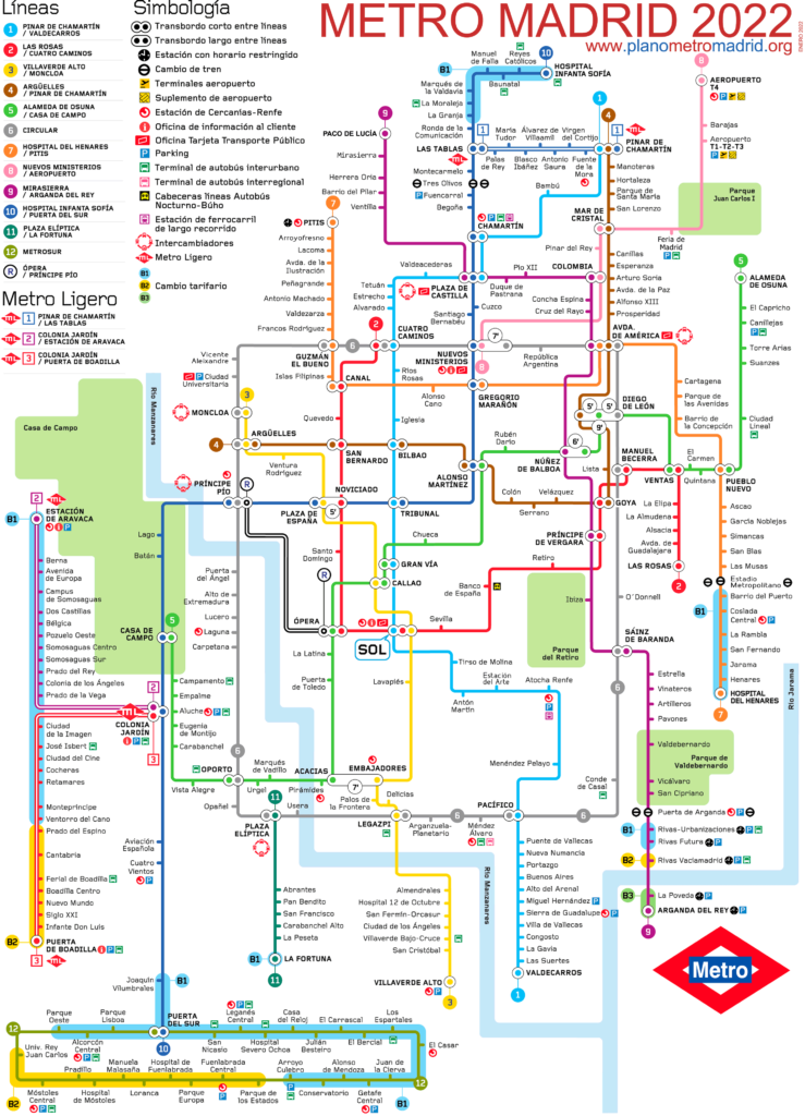 Kart over Madrid metro 2022 skjematisk.