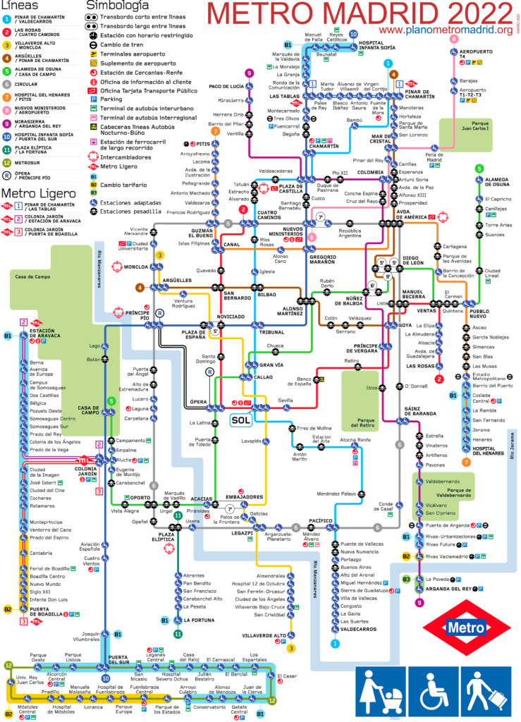 Mapa metro Madrid 2022, esquemático, para viajeros, minusválidos, discapacitados, maletas, sillas de ruedas, cochecitos de bebés, carritos de bebés.