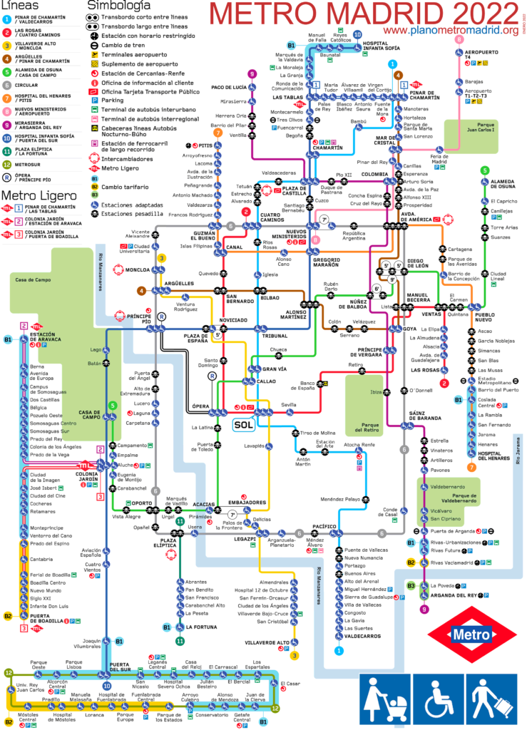 Plano metro Madrid 2022 Mapa metro Madrid 2022, esquemático, para viajeros, minusválidos, discapacitados, maletas, sillas de ruedas, cochecitos de bebés, carritos de bebés.