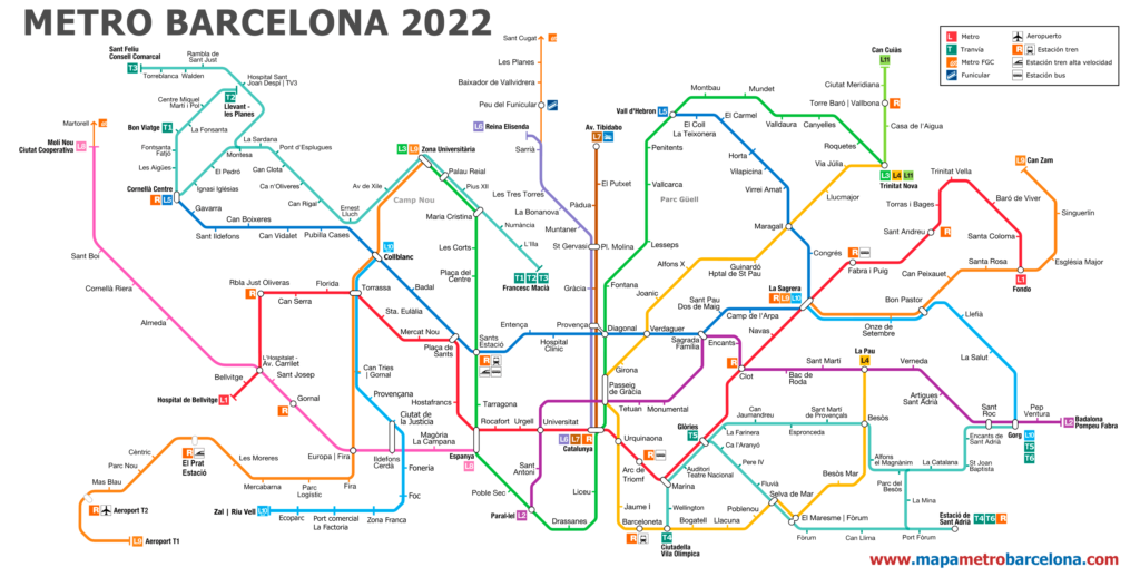 Mapa del metro de Barcelona, año 2012, versión para imprimir con poca tinta.